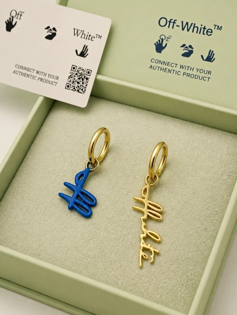 Off-White Asymmetric Logo Script Letter Charm Pendant Gold Blue Enamel Metal